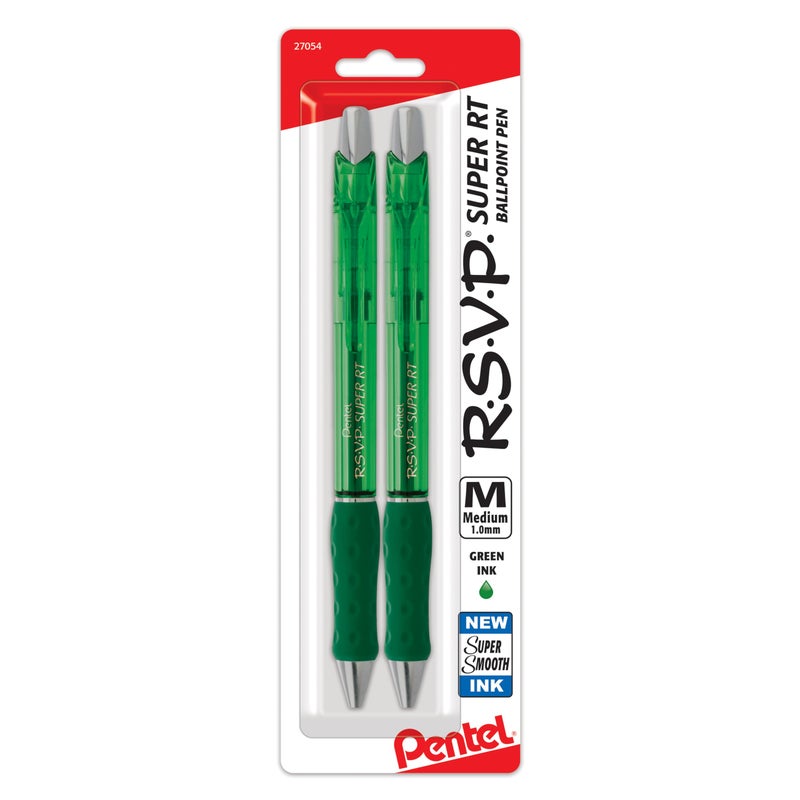 Pentel قلم حبر جاف بنتل RSVP سوبر RT، (1.0 مم) خط متوسط، حبر أخضر، عبوة من 2 (BX480BP2D) - Image 1