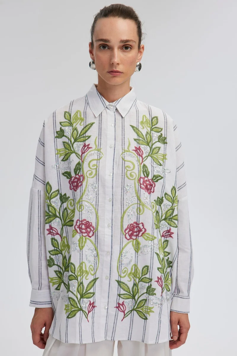 Touche Floral Embroidered Linen Textured Shirt