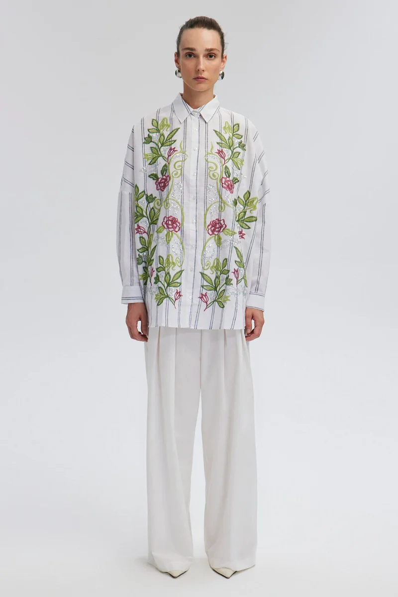 Touche Floral Embroidered Linen Textured Shirt