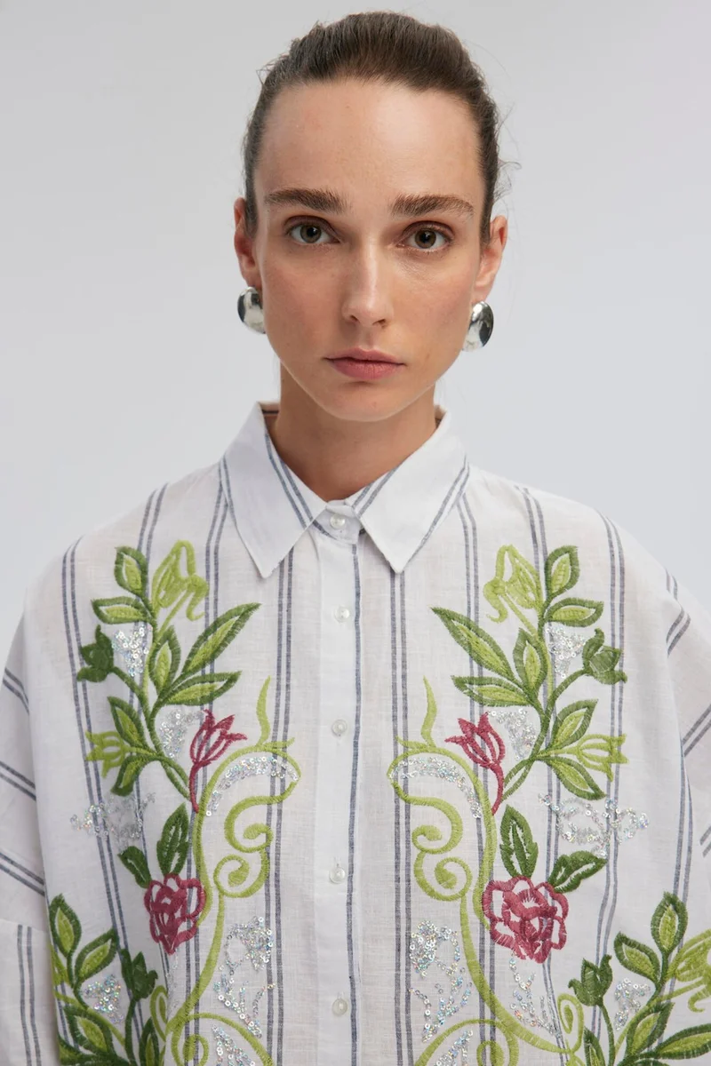 Touche Floral Embroidered Linen Textured Shirt