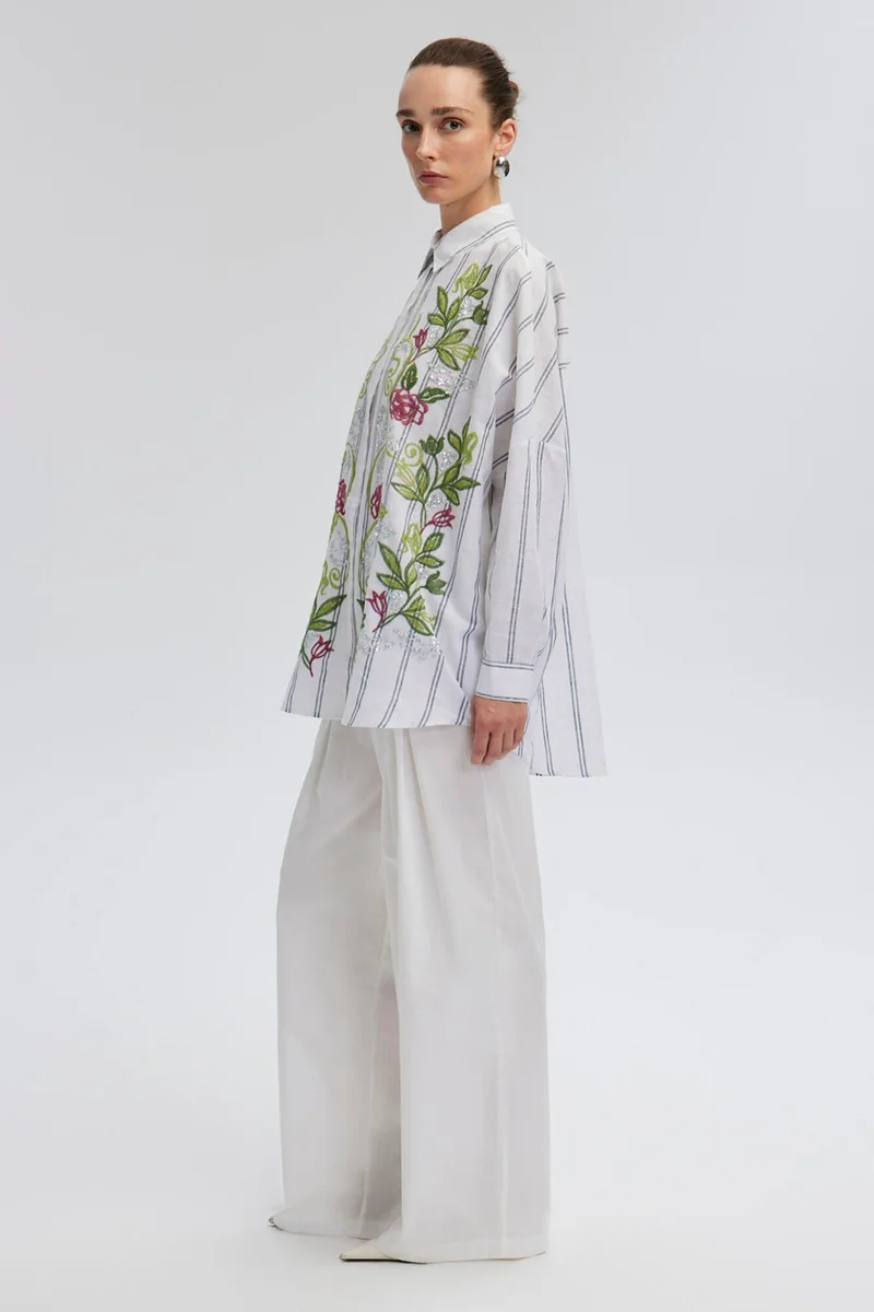 Touche Floral Embroidered Linen Textured Shirt