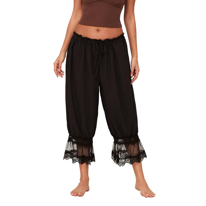 Women Lace Long Bloomers Pettipants Slip Under Dress Pantaloons Cute Ruffle Pumpkin Pants Black