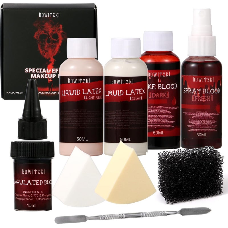 Bowitzki Fake Blood Liquid Latex KitPro SFX Makeup Set with 50ml Dark Fake Blood 50ml Fresh Spray Blood 2pcs Liquid LatexCoagulated Blood Sponge Spatula for Halloween Cosplay - Image 3