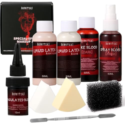 Bowitzki Fake Blood Liquid Latex KitPro SFX Makeup Set with 50ml Dark Fake Blood 50ml Fresh Spray Blood 2pcs Liquid LatexCoagulated Blood Sponge Spatula for Halloween Cosplay - Image 1