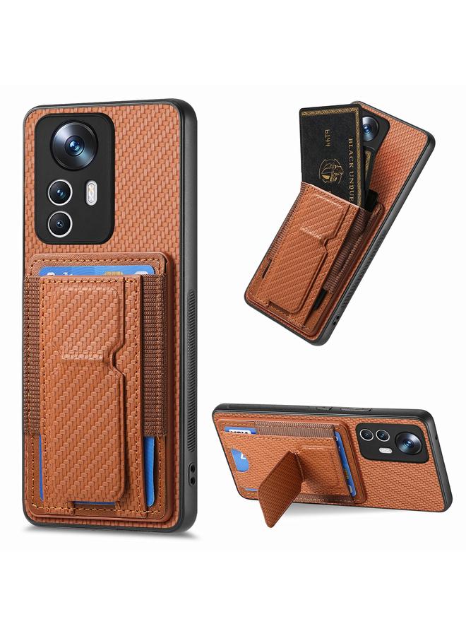 Green Tiger For Xiaomi 12T Carbon Fiber Fold Stand Elastic Card Bag Phone Case(Brown)