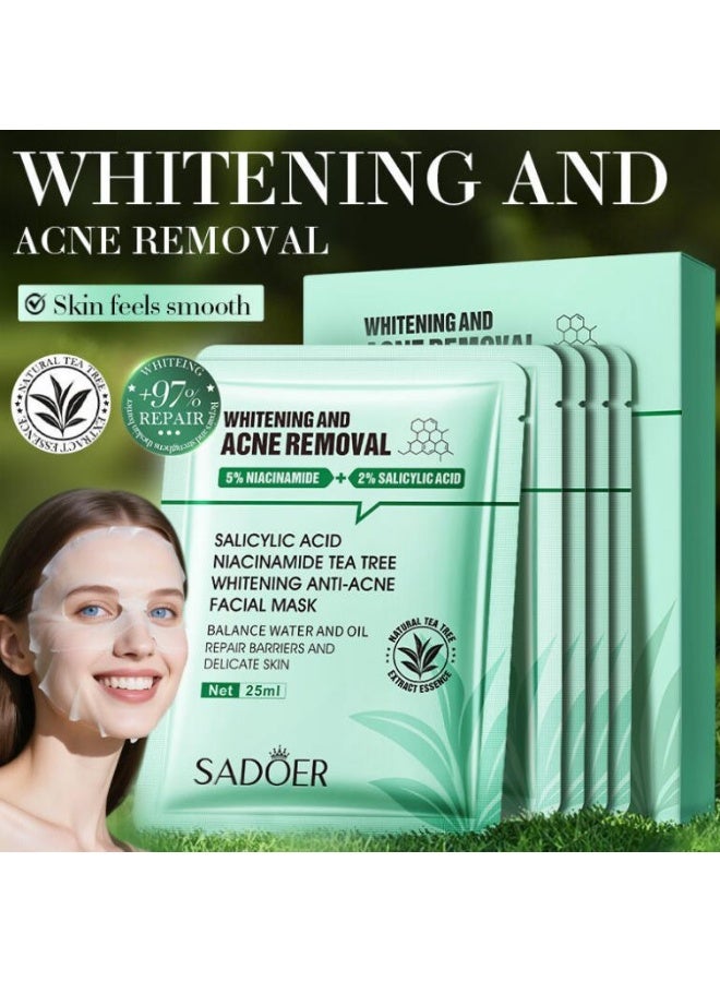 SADOER 5 PCS Salicylic Acid Whitening and Acne-Removal Face Mask Box - Niacinamide Tea Tree Anti-Acne Faical Mask - Image 1