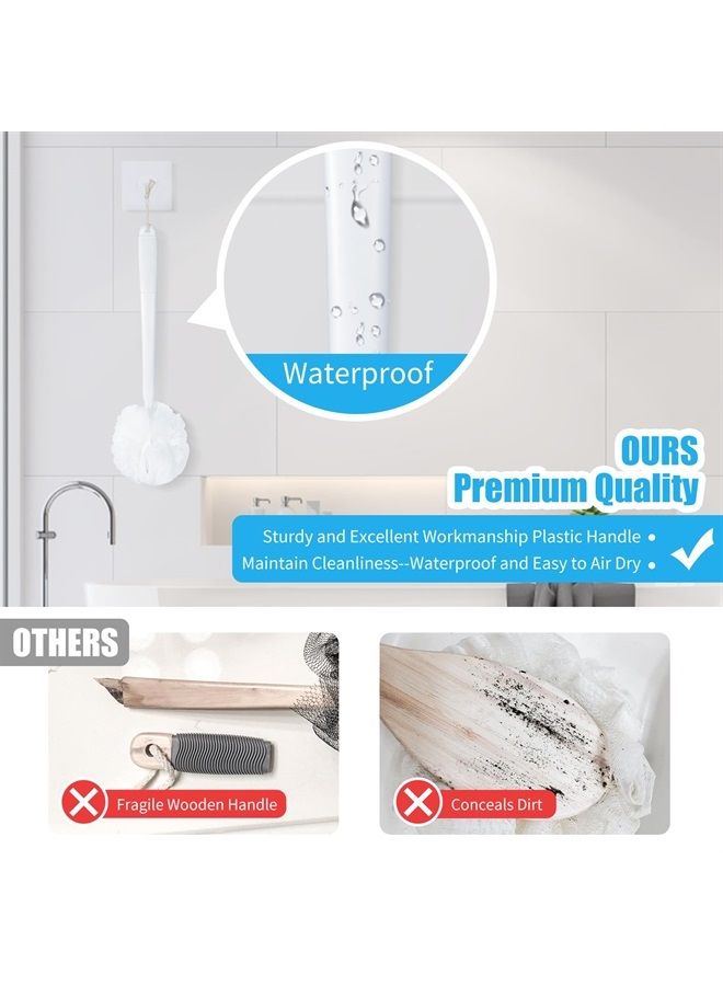 Loofah Sponge Set Back Scrubber for Shower, Anti-Slip Plastic 17" Handle Loofah on a Stick with Fluffy Shower Sponge, PE Soft Mesh Shower Loofahs-White