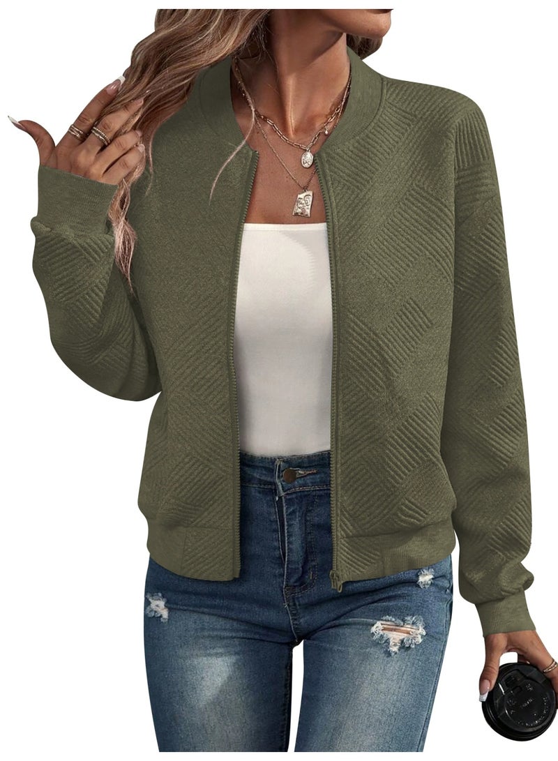 general Women's Cropped Knit Jacket with Zip Up Front and Long Sleeve Design Lightweight Baseball Coat with Loose Fit for Casual Layering - Image 1