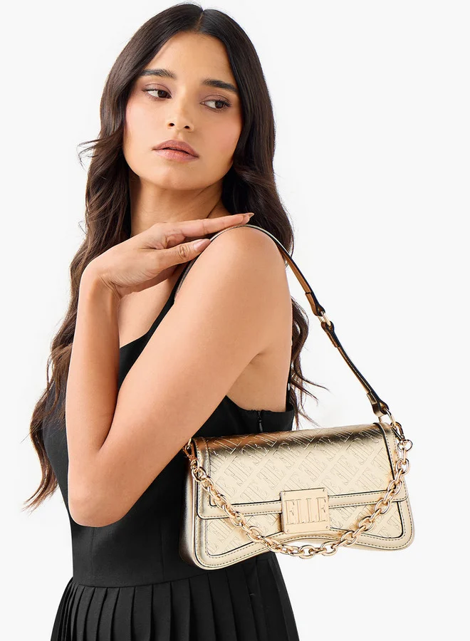 ELLE Monogram Embossed Shoulder Bag with Button Closure