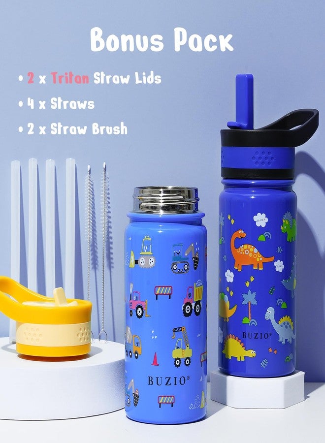 BUZIO 2 Pack Insulated Kids Water Bottle, BUZIO 14oz Stainless Steel Water Bottles with Tritan Straw Lid, BPA-FREE Lead-Free Double Wall Leak Proof Drink Cups Flask for School (Blue Car +Blue Dinosaur) - Image 3