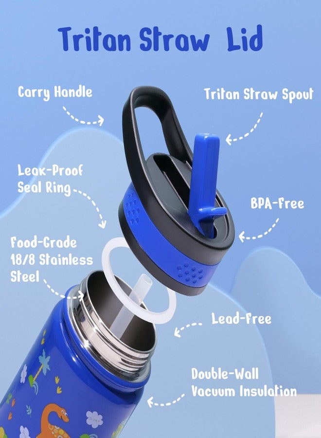 BUZIO 2 Pack Insulated Kids Water Bottle, BUZIO 14oz Stainless Steel Water Bottles with Tritan Straw Lid, BPA-FREE Lead-Free Double Wall Leak Proof Drink Cups Flask for School (Blue Car +Blue Dinosaur) - Image 4