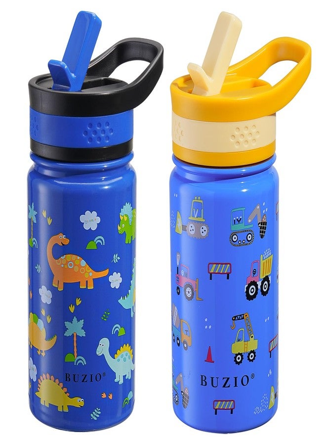 BUZIO 2 Pack Insulated Kids Water Bottle, BUZIO 14oz Stainless Steel Water Bottles with Tritan Straw Lid, BPA-FREE Lead-Free Double Wall Leak Proof Drink Cups Flask for School (Blue Car +Blue Dinosaur) - Image 1