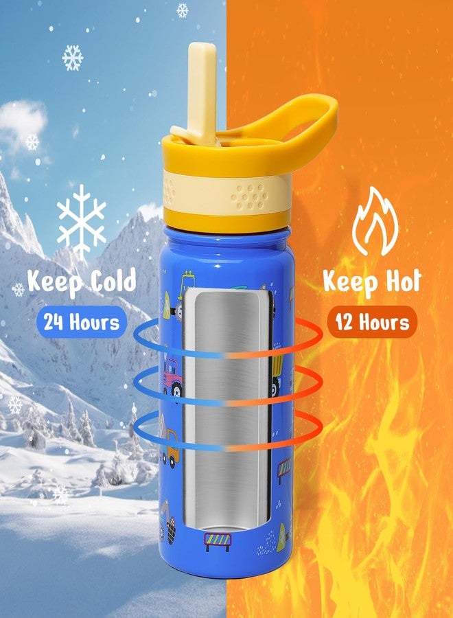 BUZIO 2 Pack Insulated Kids Water Bottle, BUZIO 14oz Stainless Steel Water Bottles with Tritan Straw Lid, BPA-FREE Lead-Free Double Wall Leak Proof Drink Cups Flask for School (Blue Car +Blue Dinosaur) - Image 2