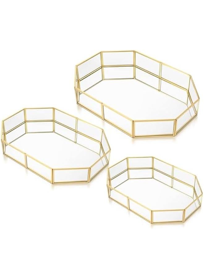 HOOKOR 3 Pieces Mirror Tray Metal Vanity Mirror Tray Rectangle Octagon Perfume Tray Mirror Makeup Tray Cosmetic Dresser Tray for Dresser Bedroom Bathroom Hotel, 3 Sizes - Image 1