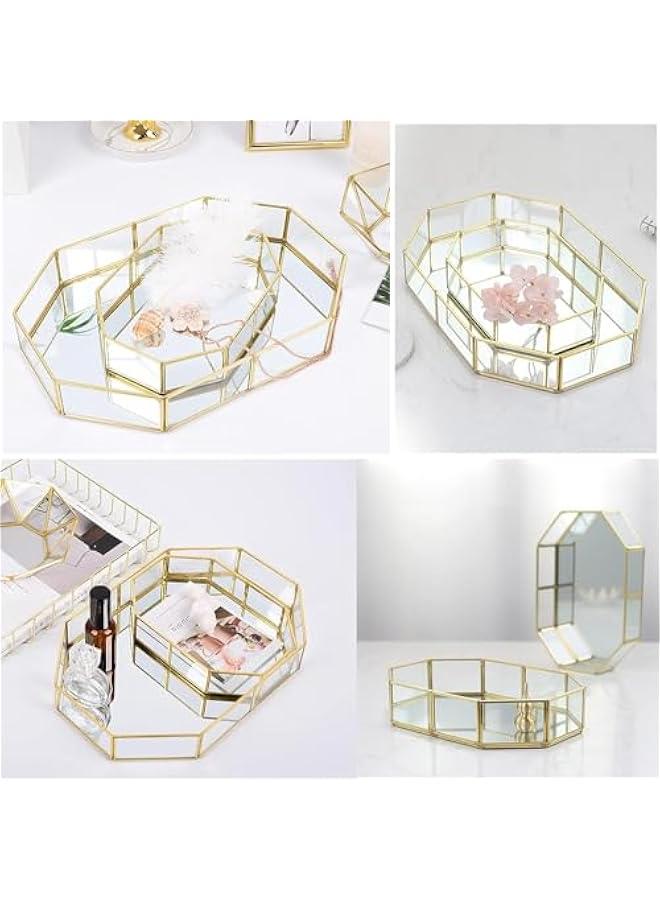 HOOKOR 3 Pieces Mirror Tray Metal Vanity Mirror Tray Rectangle Octagon Perfume Tray Mirror Makeup Tray Cosmetic Dresser Tray for Dresser Bedroom Bathroom Hotel, 3 Sizes - Image 3