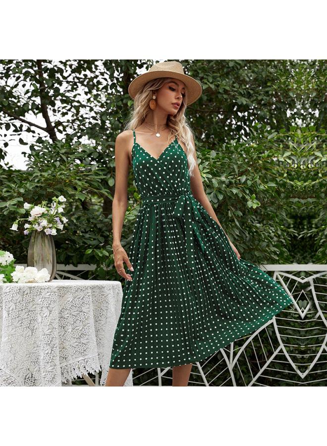 Independent Station European And American Women's Polka Dot Slip Skirt Mid-length Lace-up Pleated Dress Women