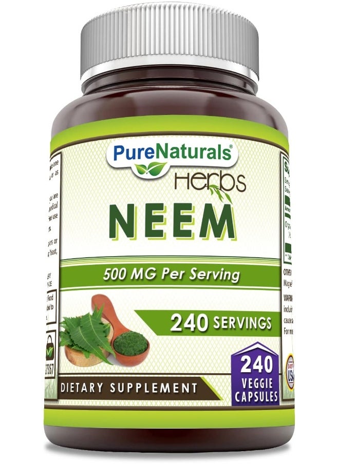 Pure Naturals Pure Naturals Neem (Made with Natural Neem Leaf) | 500 Mg per Serving 240 Veggie Capsules Supplement | Non-GMO | Gluten Free | Made in USA | Ideal for Vegetarians  - Image 1