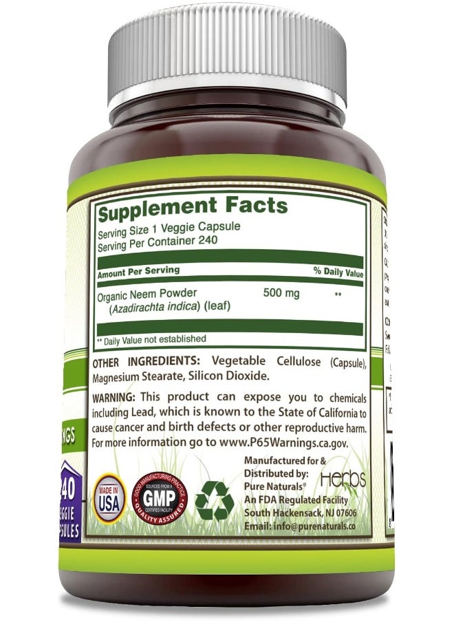 Pure Naturals Pure Naturals Neem (Made with Natural Neem Leaf) | 500 Mg per Serving 240 Veggie Capsules Supplement | Non-GMO | Gluten Free | Made in USA | Ideal for Vegetarians  - Image 3
