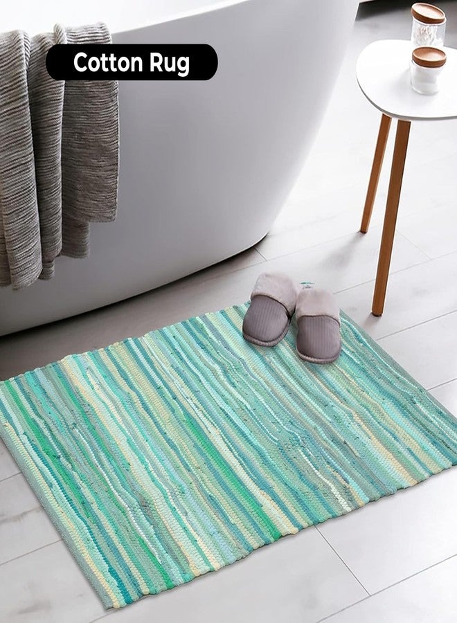 Bedding Craft Hand Made Woven Tonal Chindi Rugs 24x36 - Inch Rectangle Area Rugs, Reversible Farmhouse Area Rugs, Braided Chindi Cotton Area Rugs - Turquoise Multi - Image 2