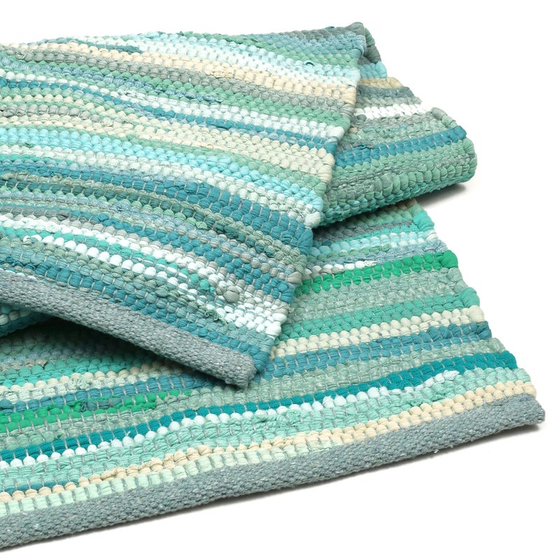 Bedding Craft Hand Made Woven Tonal Chindi Rugs 24x36 - Inch Rectangle Area Rugs, Reversible Farmhouse Area Rugs, Braided Chindi Cotton Area Rugs - Turquoise Multi - Image 1