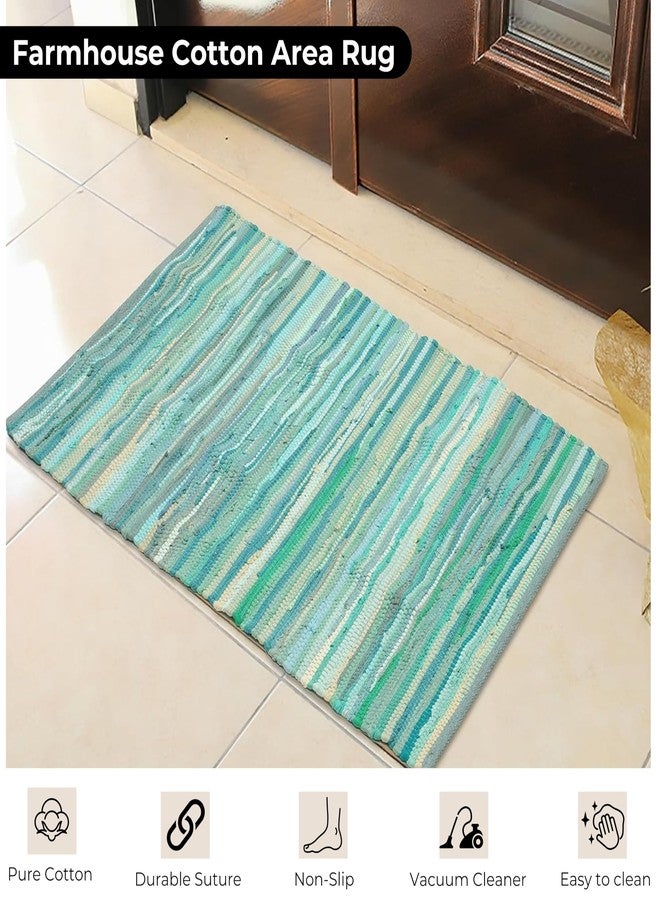 Bedding Craft Hand Made Woven Tonal Chindi Rugs 24x36 - Inch Rectangle Area Rugs, Reversible Farmhouse Area Rugs, Braided Chindi Cotton Area Rugs - Turquoise Multi - Image 3