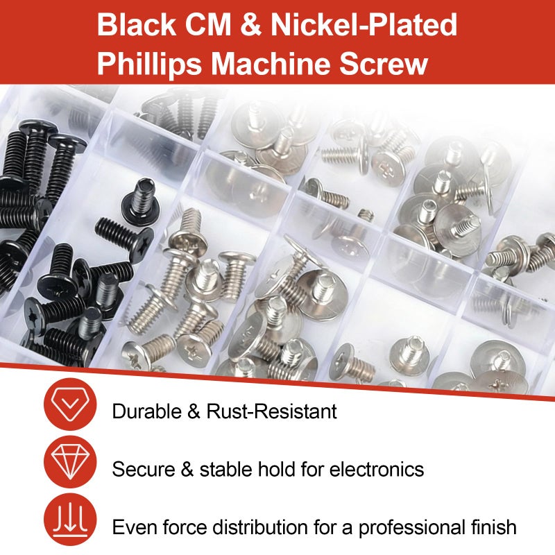 QTEATAK 180Pcs Computer Screws Assortment Kit, Black CM and Nickel-Plated Phillips Machine Screws Set with Flat Round Head for PC Case, Motherboard, and Electronic Repairs - Image 3