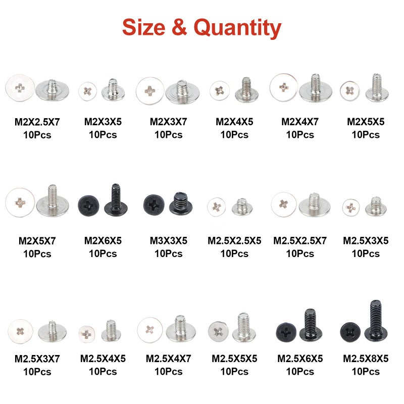 QTEATAK 180Pcs Computer Screws Assortment Kit, Black CM and Nickel-Plated Phillips Machine Screws Set with Flat Round Head for PC Case, Motherboard, and Electronic Repairs - Image 2