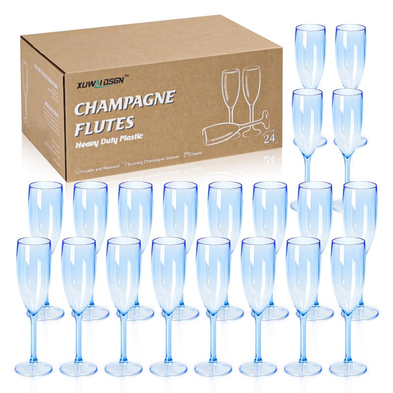 XUWAIDSGN 24 Pcs Reusable Champagne Flutes Plastic Wine Glasses Bulk Vintage Champagne Flutes Mimosa Bar Glasses Stemmed Drinking Cups 5.4OZ for Christmas Birthday Wedding Bride - Image 1