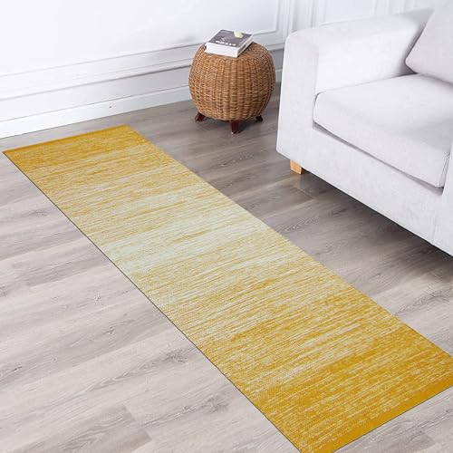MDZ® Hand Woven Cotton Ombre Rug Runner for Bedroom, Living Room/Yoga Mat for Gym, Flooring Exercise | Size: 2'X6' Feet/ 24"x72" Inches/ 60x180 cm| Reversible| Organic| Machine Washable (Yellow White) - Image 2