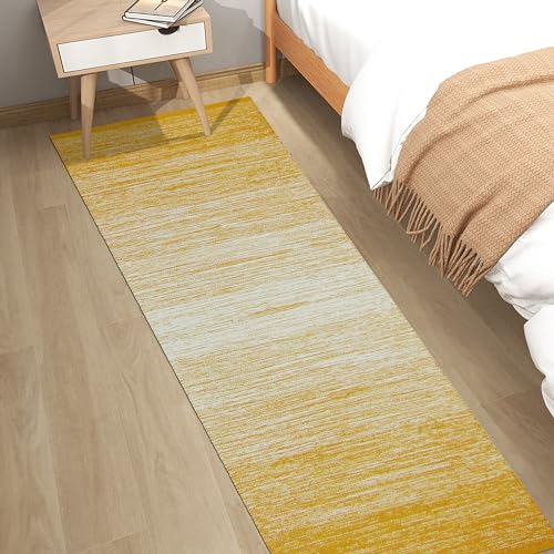 MDZ® Hand Woven Cotton Ombre Rug Runner for Bedroom, Living Room/Yoga Mat for Gym, Flooring Exercise | Size: 2'X6' Feet/ 24"x72" Inches/ 60x180 cm| Reversible| Organic| Machine Washable (Yellow White) - Image 1
