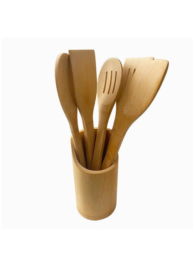 5 Pcs Bamboo Cooking Kitchen Utensil Spoon Set With Stand  - Image 1