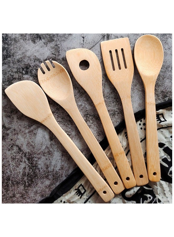 5 Pcs Bamboo Cooking Kitchen Utensil Spoon Set With Stand  - Image 2