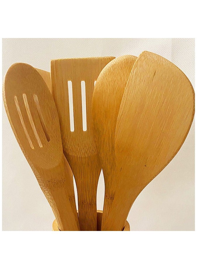 5 Pcs Bamboo Cooking Kitchen Utensil Spoon Set With Stand  - Image 4