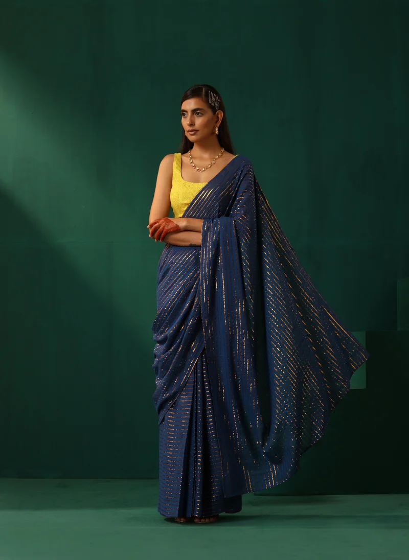 trueBrowns trueBrowns Royal Blue Cotton Gold Striped Ready To Wear Saree