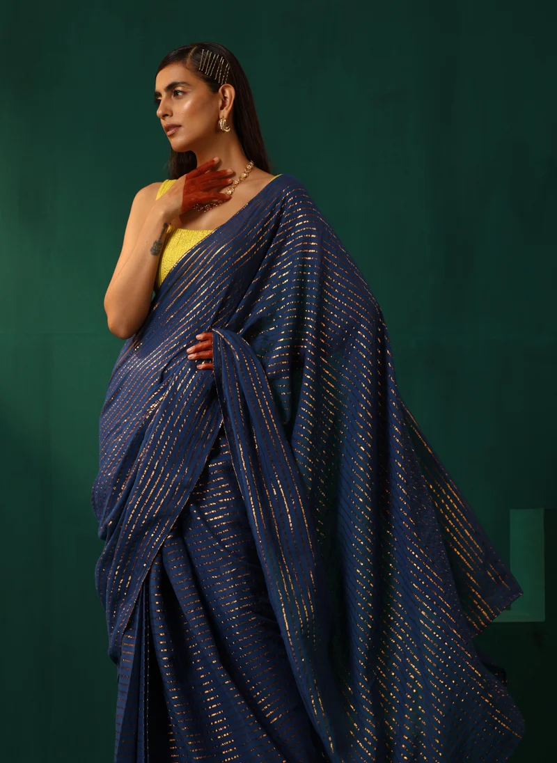 trueBrowns trueBrowns Royal Blue Cotton Gold Striped Ready To Wear Saree