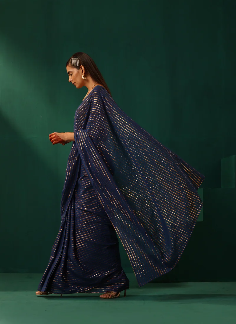 trueBrowns trueBrowns Royal Blue Cotton Gold Striped Ready To Wear Saree