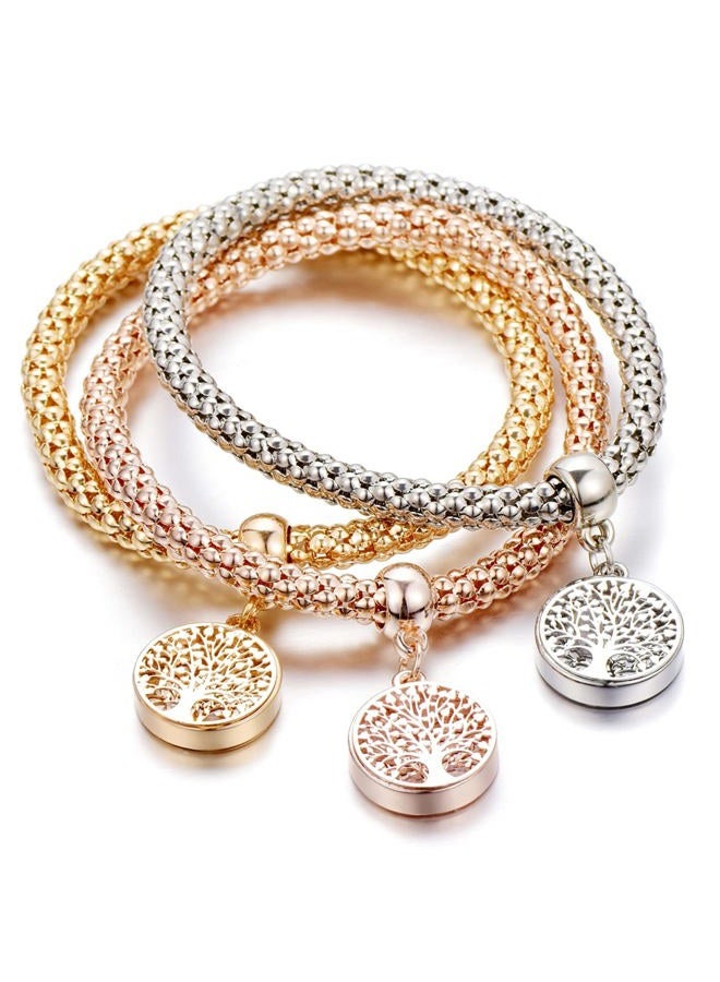 SILANER Crystal Charms Multilayer Bracelets - 3PCS Gold/Silver/Rose Gold Corn Chain Bracelet for Women, Tree of Life Heart Shaped Stretch Bracelet, 7.5 inches, Copper, crystal - Image 1