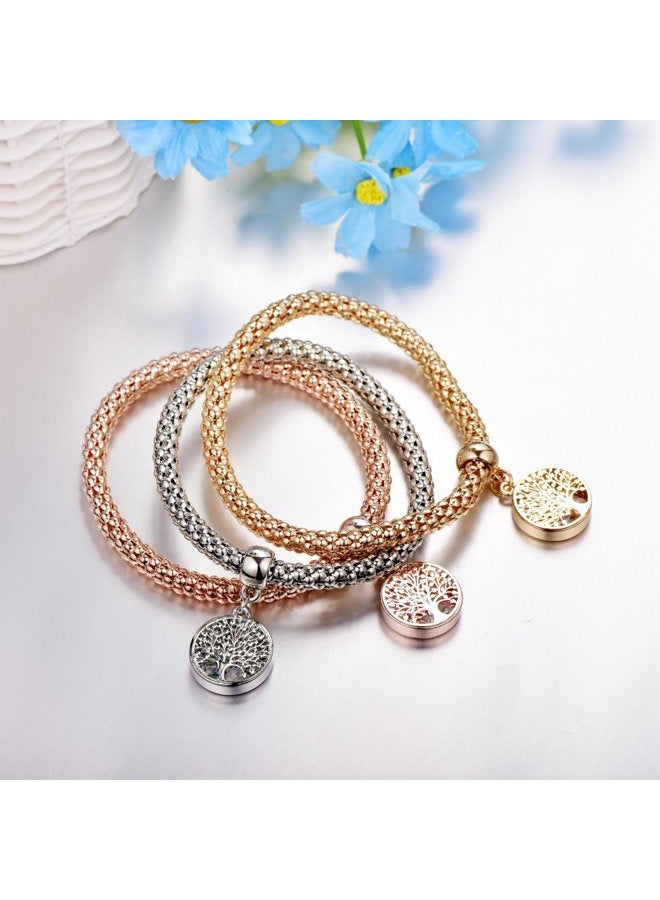 SILANER Crystal Charms Multilayer Bracelets - 3PCS Gold/Silver/Rose Gold Corn Chain Bracelet for Women, Tree of Life Heart Shaped Stretch Bracelet, 7.5 inches, Copper, crystal - Image 3