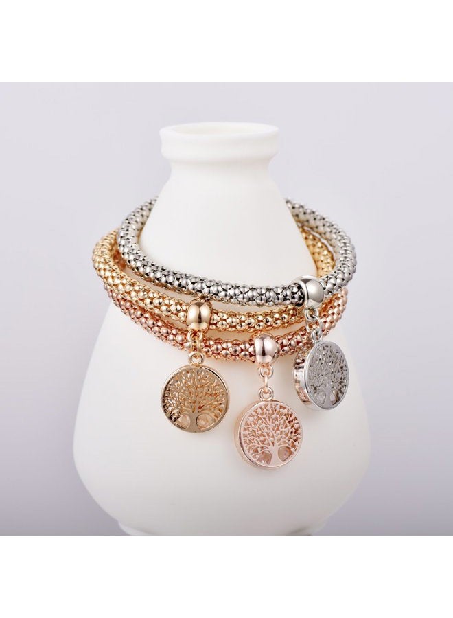 SILANER Crystal Charms Multilayer Bracelets - 3PCS Gold/Silver/Rose Gold Corn Chain Bracelet for Women, Tree of Life Heart Shaped Stretch Bracelet, 7.5 inches, Copper, crystal - Image 5