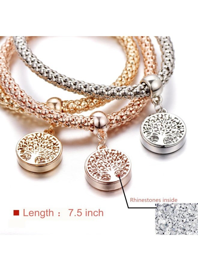 SILANER Crystal Charms Multilayer Bracelets - 3PCS Gold/Silver/Rose Gold Corn Chain Bracelet for Women, Tree of Life Heart Shaped Stretch Bracelet, 7.5 inches, Copper, crystal - Image 4