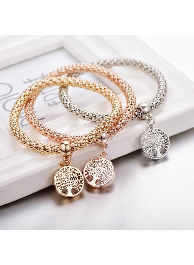 SILANER Crystal Charms Multilayer Bracelets - 3PCS Gold/Silver/Rose Gold Corn Chain Bracelet for Women, Tree of Life Heart Shaped Stretch Bracelet, 7.5 inches, Copper, crystal - Image 2