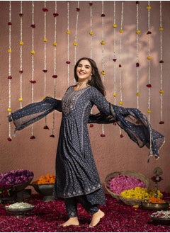 ISHIN Navy Kurta Set Straight Fit 3/4 Sleeve Sleeve made from Rayon featuring Self Design design and Round Neck neckline - Perfect for Ethinic!  - Image 3