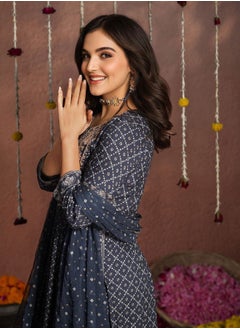 ISHIN Navy Kurta Set Straight Fit 3/4 Sleeve Sleeve made from Rayon featuring Self Design design and Round Neck neckline - Perfect for Ethinic!  - Image 5