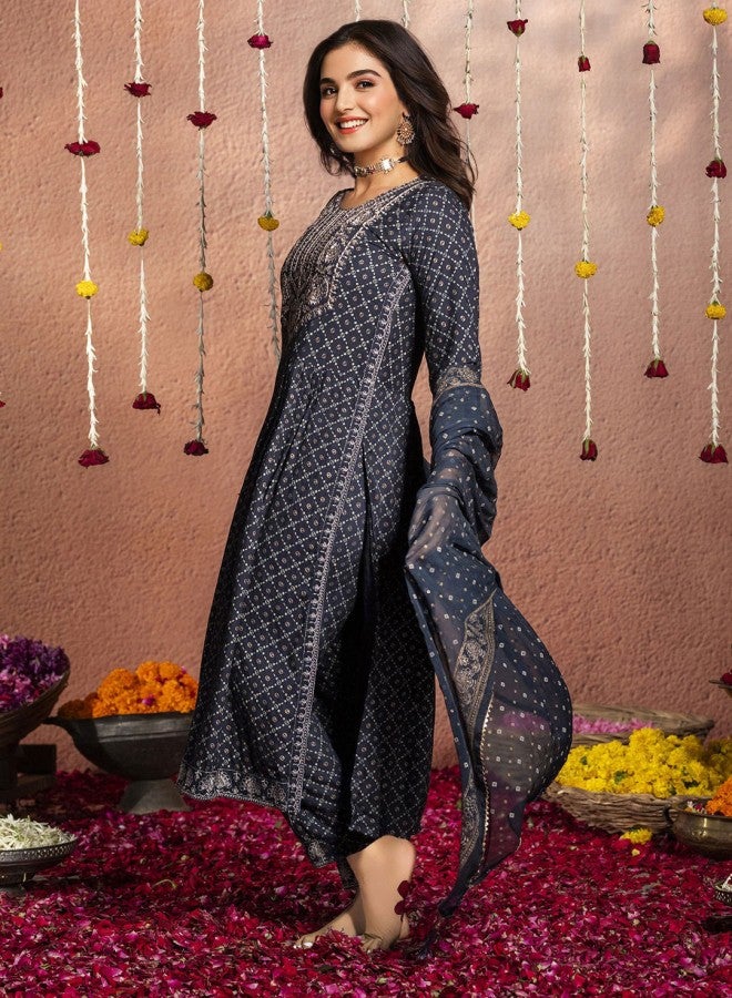 Women's Navy Rayon Self Design Full Length Palazzo Kurta Set