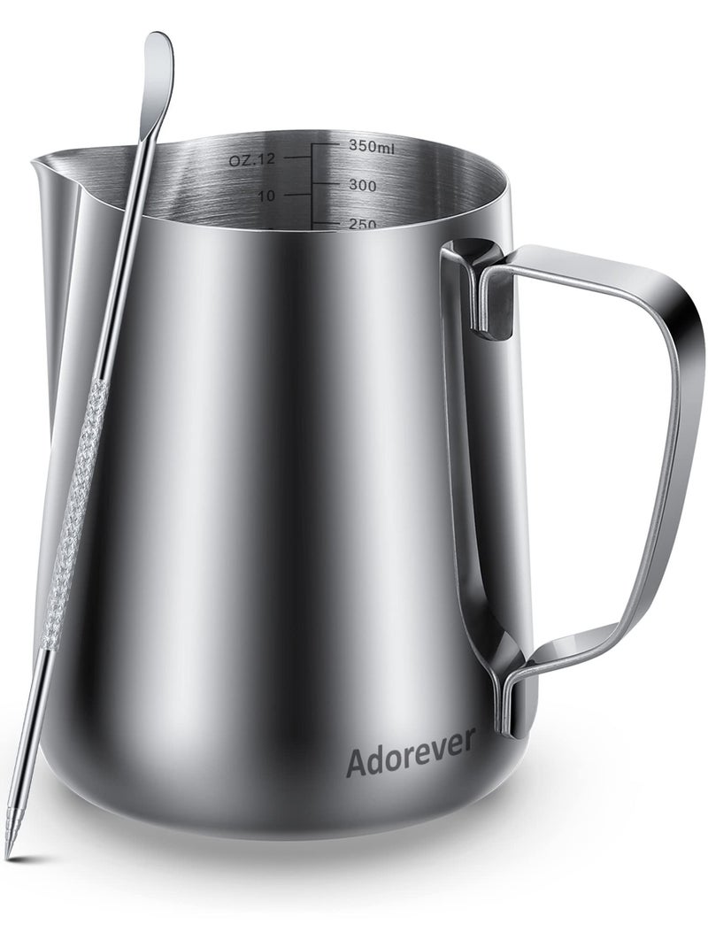 Adorever Milk Frothing Pitcher 350ml/600ml/900ml/1500ml (12oz/20oz/32oz/50oz) Steaming Pitchers Stainless Steel Milk/Coffee/Cappuccino/Latte Art Barista Steam Pitchers Milk Jug Cup with Art Pen,12oz - Image 1