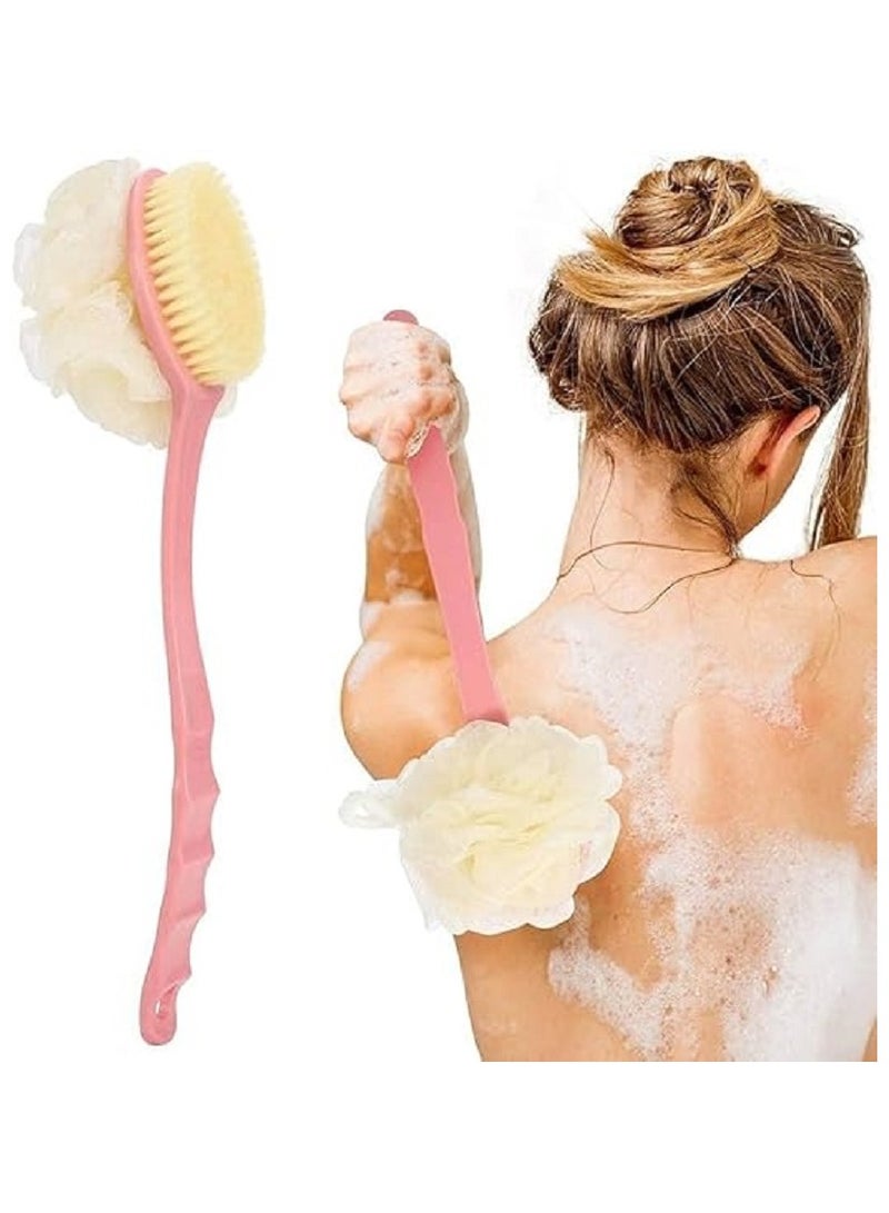فرشاة استحمام بمقبض طويل مزدوجة الجوانب - ليفه استحمام وجهين - لتنظيف وتقشير الظهر والجسم بالكامل - شعيرات ناعمة وإسفنجة شبكية - مثالية للرجال والنساء (قد يختلف اللون) - Image 1
