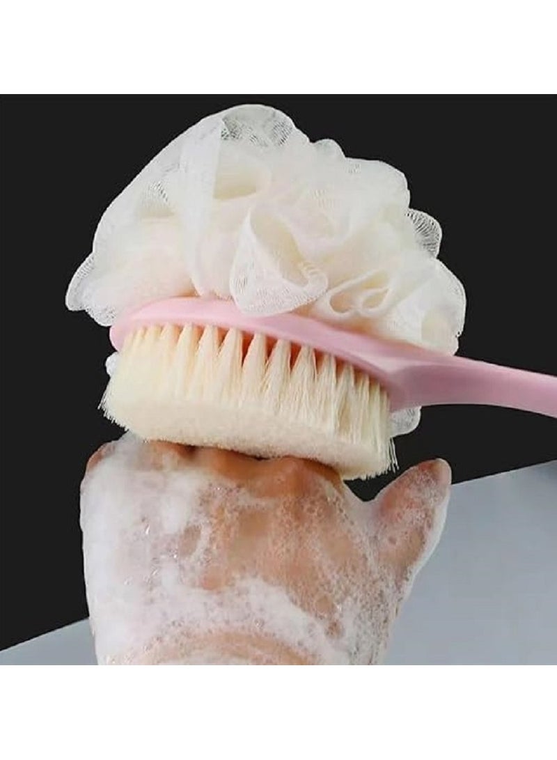 فرشاة استحمام بمقبض طويل مزدوجة الجوانب - ليفه استحمام وجهين - لتنظيف وتقشير الظهر والجسم بالكامل - شعيرات ناعمة وإسفنجة شبكية - مثالية للرجال والنساء (قد يختلف اللون) - Image 3