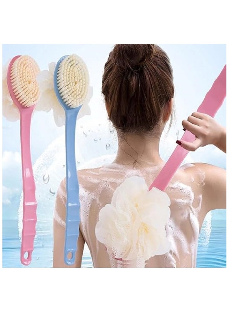 فرشاة استحمام بمقبض طويل مزدوجة الجوانب - ليفه استحمام وجهين - لتنظيف وتقشير الظهر والجسم بالكامل - شعيرات ناعمة وإسفنجة شبكية - مثالية للرجال والنساء (قد يختلف اللون) - Image 4