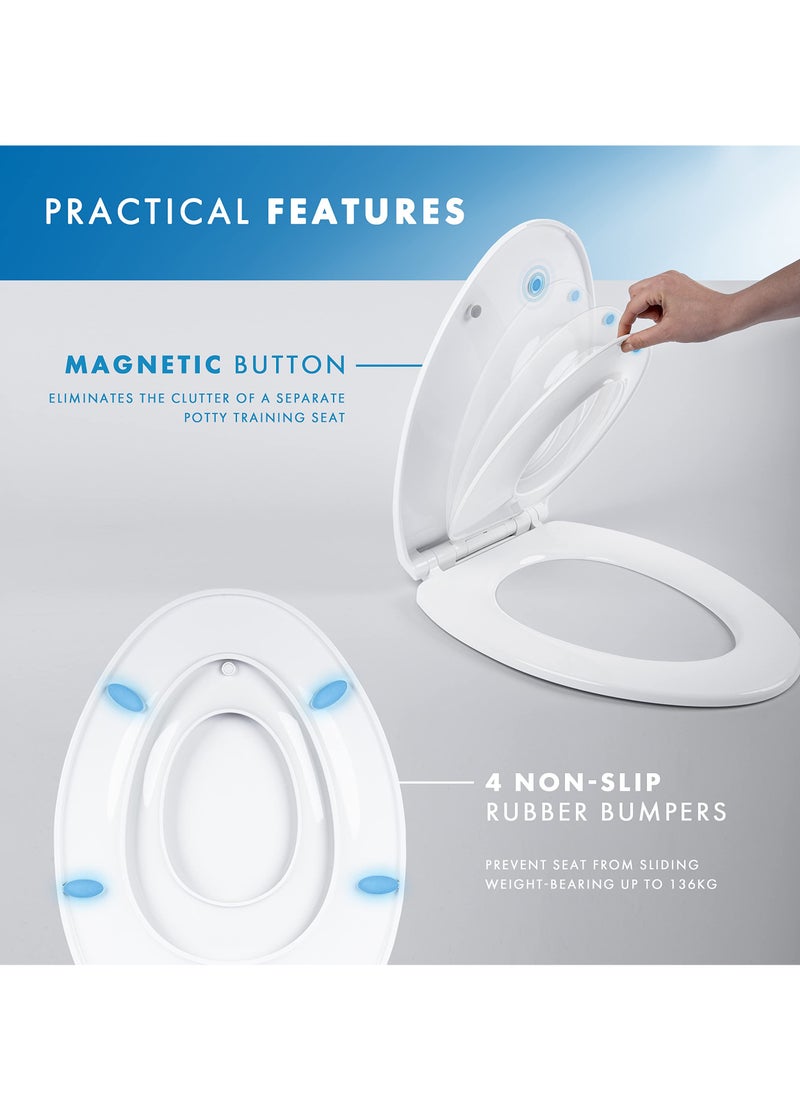 SYOSI - 2-in-1 Elongated Toilet Seat - Soft Close & Easy Clean - Built-In Toddler Seat for Potty Training - Little to Big Toilet Seat Attachment, Universal Toilet Seat, Dual Purpose Slow Drop Toilet Cover - Image 1
