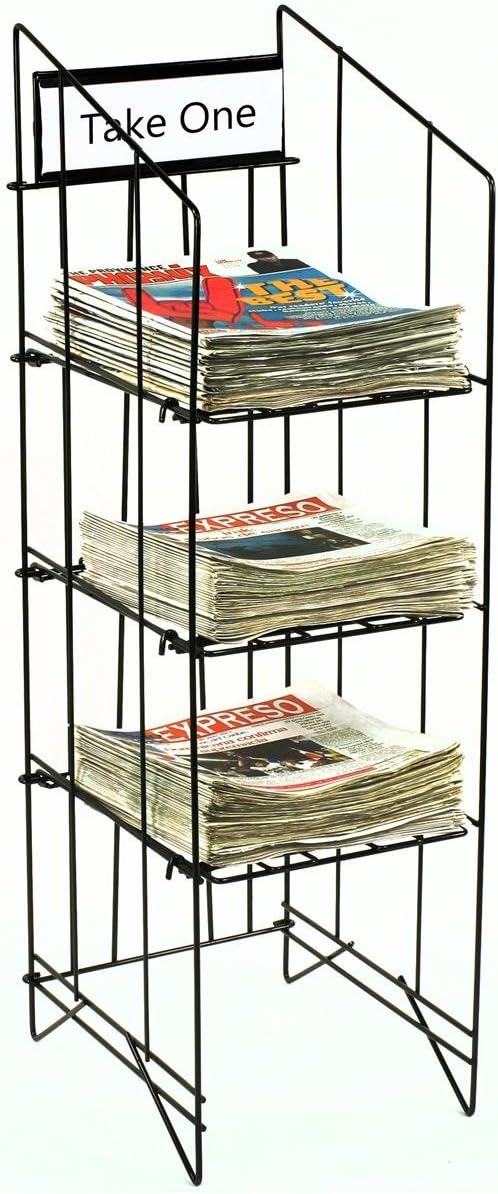 Displays2go Newspaper Rack for Tabloid Size Publications 1214w x 43h x 16d Free Standing Floor Fixture Gloss Black Wire Sign Channel Plate  - Image 3